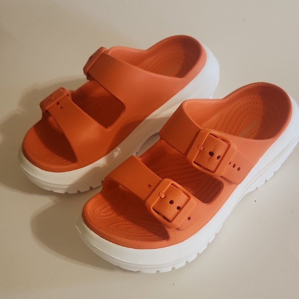 BAMBOO Orange Double-Buckle Platform Slide Sandals